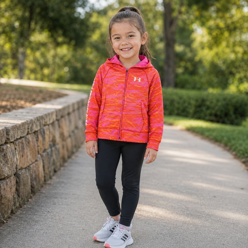 Under Armour Girls Size 5 Pink Orange Printed Full Zip Hoodie Jacket